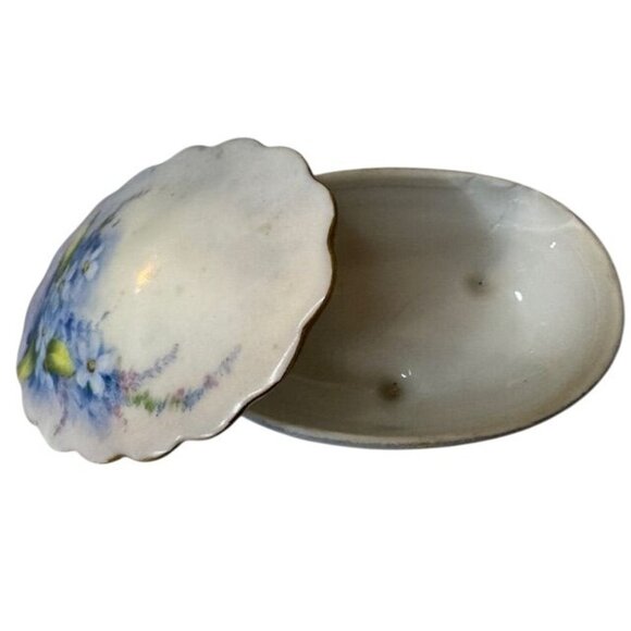 Antique Hand-Painted Floral Porcelain Trinket Box With Lid - Picture 3 of 5